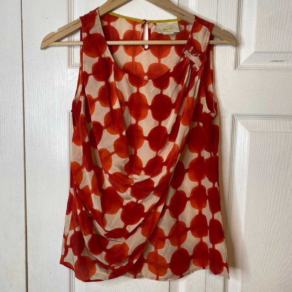 Anthropologie Red and Cream Draped Sleeveless Blouse